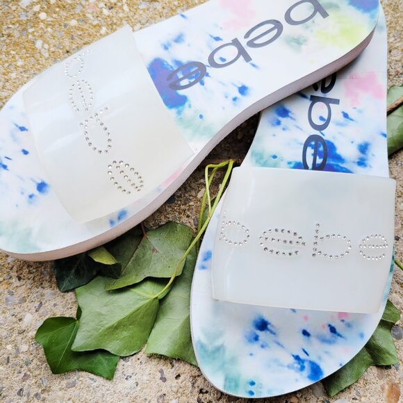 BEBE Women's White Leanna Rhinestone Embellished Logo Vamp Slide Sandals SZ 7 - Picture 2 of 6